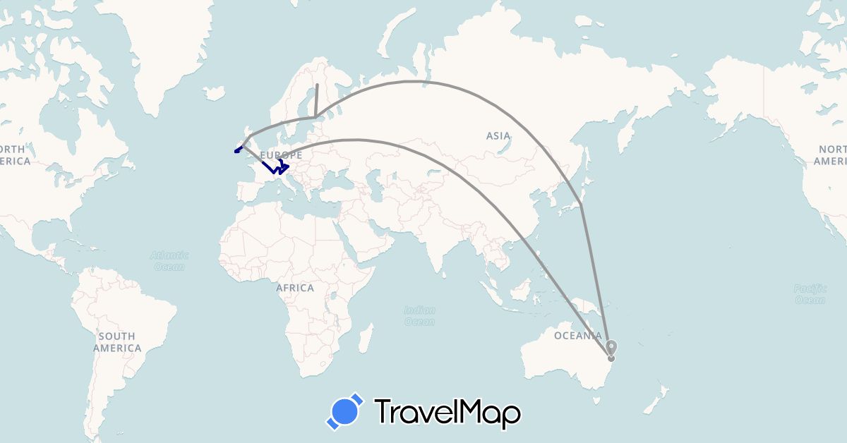 TravelMap itinerary: driving, plane in Austria, Australia, Switzerland, Germany, Finland, France, United Kingdom, Ireland, Italy, Japan, Liechtenstein (Asia, Europe, Oceania)